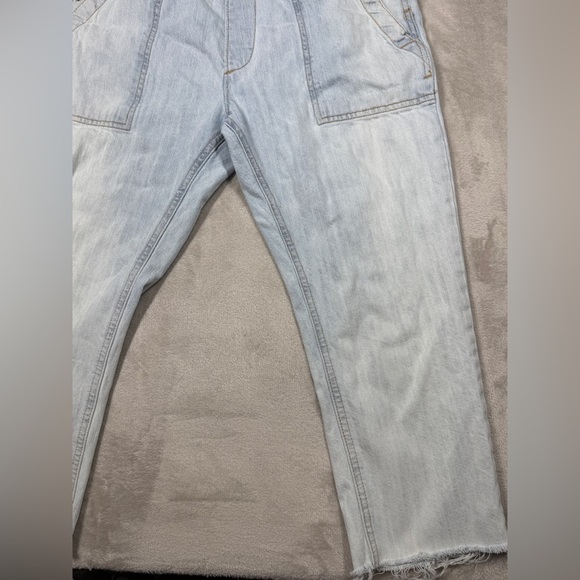 Gap Denim Bleached Wash Light Blue Jean Cropped Raw Hem Cotton Overalls Size XS - Picture 6 of 16
